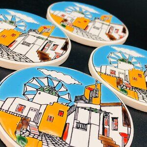 Vintage Ceramic Tile Coaster Set of 4 Handmade by THANOS Greece 60s Mikonos